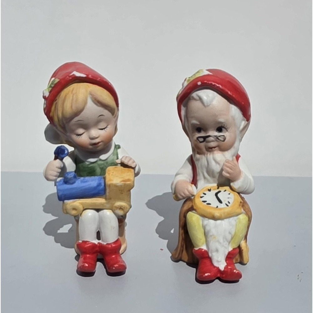 Vintage Christmas Elf & Santa Figurines Sewing Clock Ceramic Set of 2
